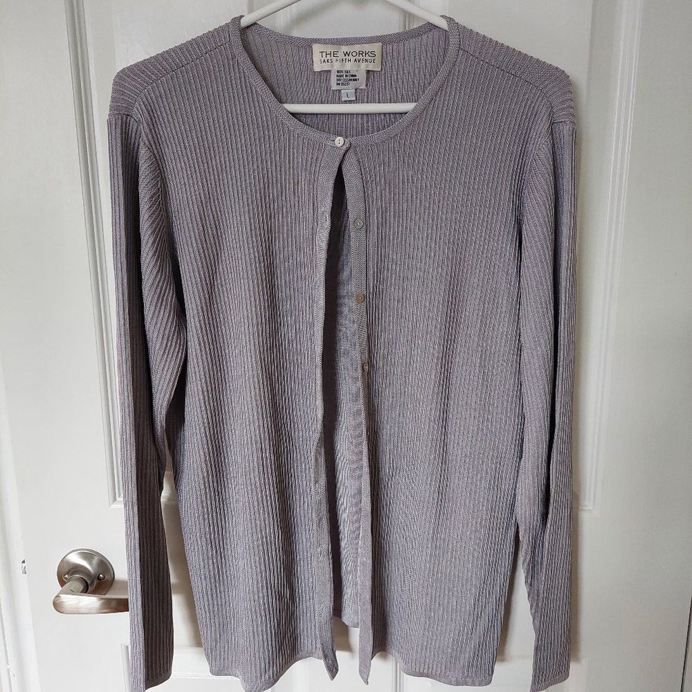 The Works Saks Fifth Avenue 100% Silk Knit Cardigan Sweater, Silver Gray, Size L